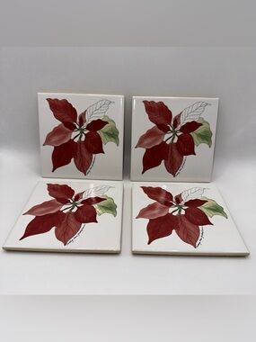VTG 1980s Poinsettia By Block Set Of 4 Corkback  Coasters L. Silva Portugal